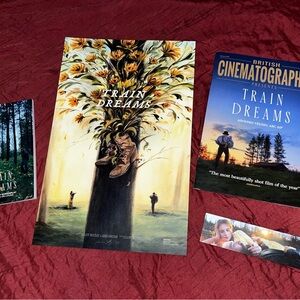 Netflix Train Dreams poster set with red and blue accents